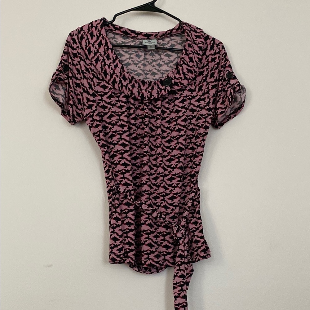 Worthington Red and Cream Fitted Blouse with Tie Front